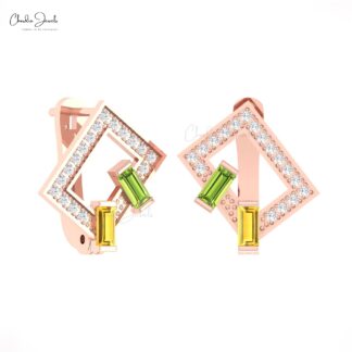 Two Baguette Gemstone Hoop With 4x2mm Peridot And Citrine Diamond 14k Solid Gold Earrings