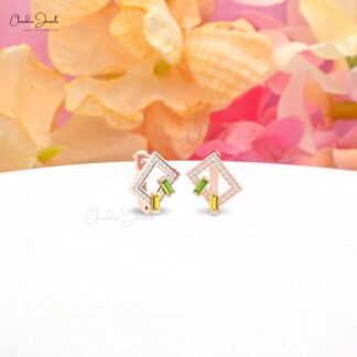 Two Baguette Gemstone Hoop With 4x2mm Peridot And Citrine Diamond 14k Solid Gold Earrings