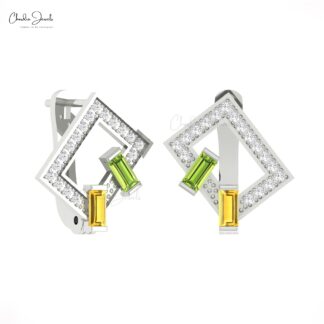 Two Baguette Gemstone Hoop With 4x2mm Peridot And Citrine Diamond 14k Solid Gold Earrings