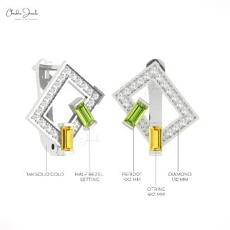 Two Baguette Gemstone Hoop With 4x2mm Peridot And Citrine Diamond 14k Solid Gold Earrings