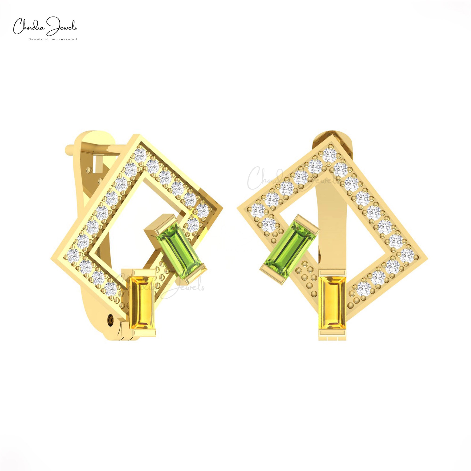 Two Baguette Gemstone Hoop With 4x2mm Peridot And Citrine Diamond 14k Solid Gold Earrings