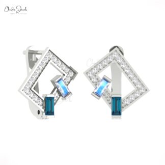 Solid 14k Gold 2 Stone Hoops With 4x2mm Moonstone And Blue Topaz Diamond Earrings