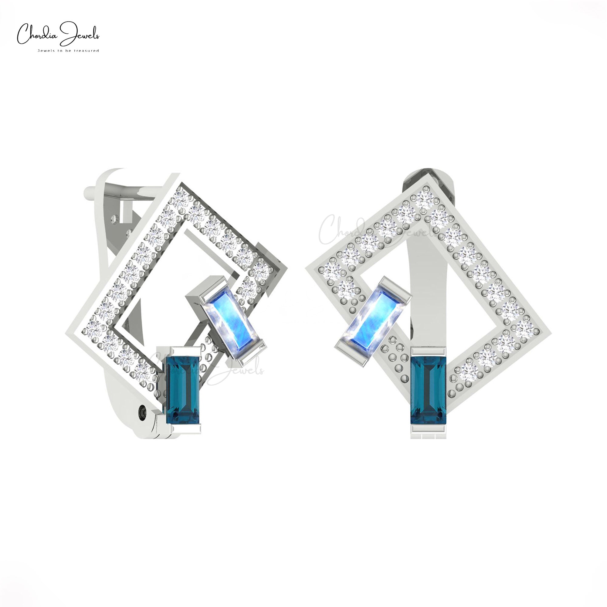 Solid 14k Gold 2 Stone Hoops With 4x2mm Moonstone And Blue Topaz Diamond Earrings