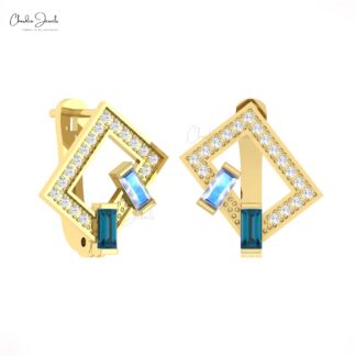 Solid 14k Gold 2 Stone Hoops With 4x2mm Moonstone And Blue Topaz Diamond Earrings