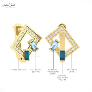 Solid 14k Gold 2 Stone Hoops With 4x2mm Moonstone And Blue Topaz Diamond Earrings