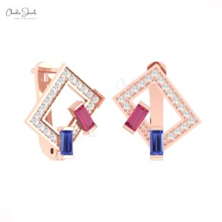 AAA Pink Tourmaline Latch Back Earrings In 14k Real Gold Tanzanite G-H Diamond Hoops