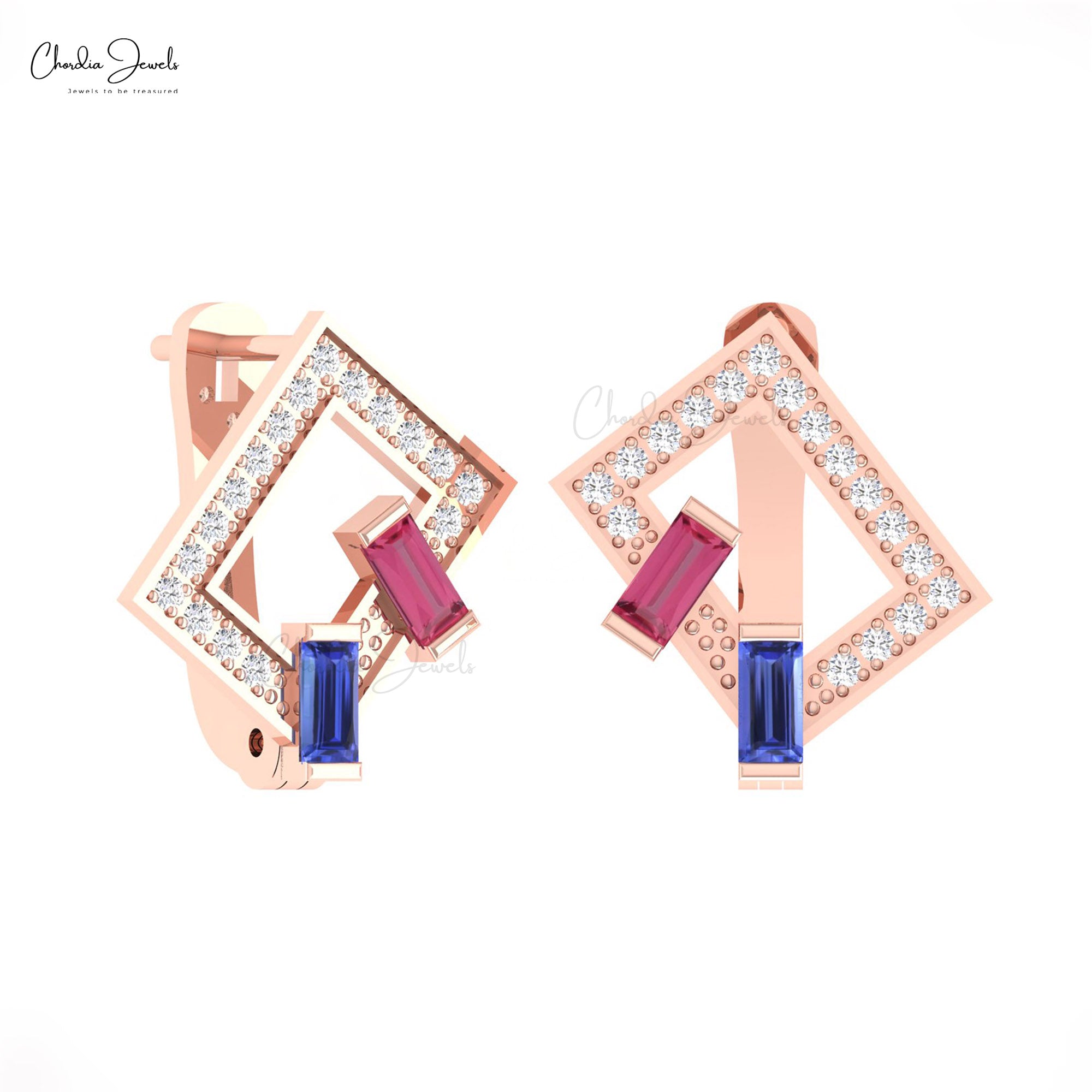 AAA Pink Tourmaline Latch Back Earrings In 14k Real Gold Tanzanite G-H Diamond Hoops
