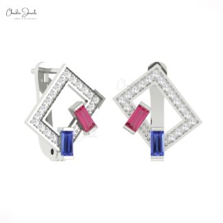 AAA Pink Tourmaline Latch Back Earrings In 14k Real Gold Tanzanite G-H Diamond Hoops