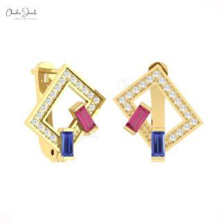 AAA Pink Tourmaline Latch Back Earrings In 14k Real Gold Tanzanite G-H Diamond Hoops