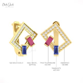 AAA Pink Tourmaline Latch Back Earrings In 14k Real Gold Tanzanite G-H Diamond Hoops