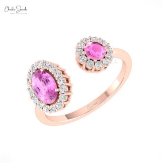 Delicate Open Cuff Diamond Ring In Pure 14k Gold Pink Sapphire 0.95 Ct Gemstone Halo Ring