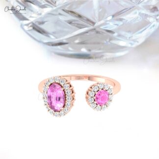 Delicate Open Cuff Diamond Ring In Pure 14k Gold Pink Sapphire 0.95 Ct Gemstone Halo Ring