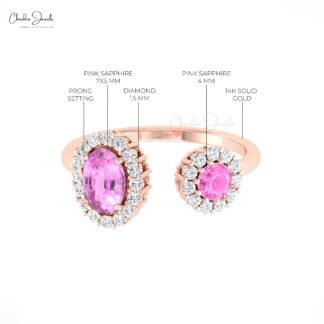 Delicate Open Cuff Diamond Ring In Pure 14k Gold Pink Sapphire 0.95 Ct Gemstone Halo Ring