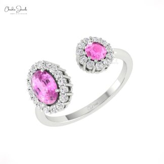 Delicate Open Cuff Diamond Ring In Pure 14k Gold Pink Sapphire 0.95 Ct Gemstone Halo Ring