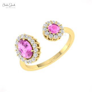 Delicate Open Cuff Diamond Ring In Pure 14k Gold Pink Sapphire 0.95 Ct Gemstone Halo Ring