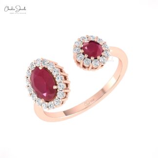 Split Shank Adjustable Ring In 14k Real Gold Burma Ruby Halo Diamond Promise Rings