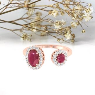 Split Shank Adjustable Ring In 14k Real Gold Burma Ruby Halo Diamond Promise Rings