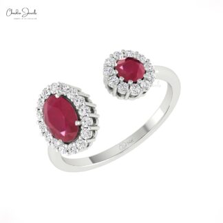 Split Shank Adjustable Ring In 14k Real Gold Burma Ruby Halo Diamond Promise Rings