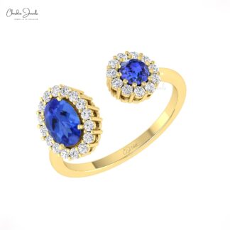 Genuine Tanzanite Dual Halo Ring In 14k Solid Gold G-H Diamond Open Cuff Rings For Her