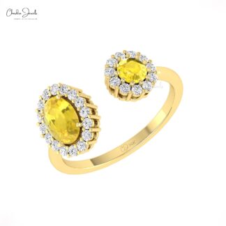 Pure 14k Gold Halo Diamond Ring With 0.95 Ct Yellow Sapphire Gemstone Engagement Ring
