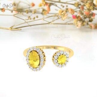 Pure 14k Gold Halo Diamond Ring With 0.95 Ct Yellow Sapphire Gemstone Engagement Ring