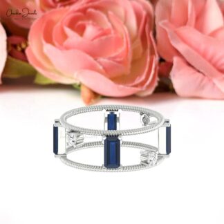 Diamond Twisted Wire Band In 14k Pure Gold Blue Sapphire 6x3mm Baguette Bridal Ring