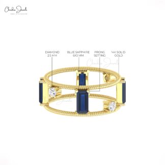 Diamond Twisted Wire Band In 14k Pure Gold Blue Sapphire 6x3mm Baguette Bridal Ring