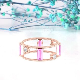 Real 14k Gold Baguette Ring With 1 Ct Pink Sapphire Diamond Twisted Wire Stack Rings