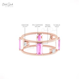 Real 14k Gold Baguette Ring With 1 Ct Pink Sapphire Diamond Twisted Wire Stack Rings
