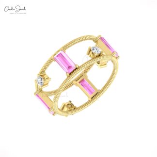 Real 14k Gold Baguette Ring With 1 Ct Pink Sapphire Diamond Twisted Wire Stack Rings