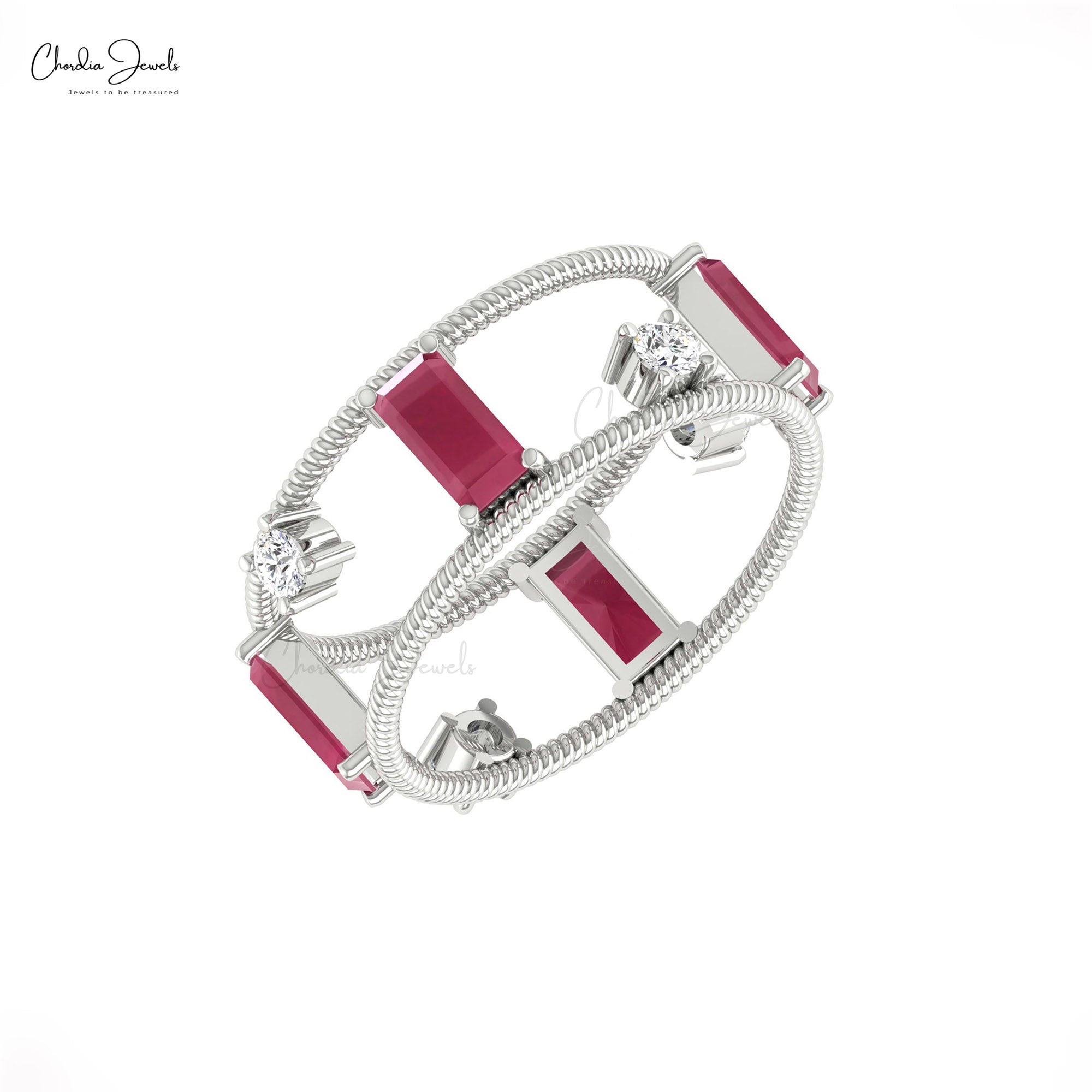 Dual Wire Stack Band With 6x3mm Burma Ruby G-H Diamond Wedding Ring In 14k Solid Gold