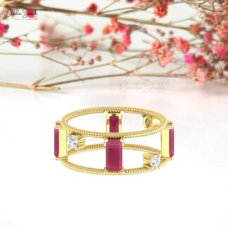 Dual Wire Stack Band With 6x3mm Burma Ruby G-H Diamond Wedding Ring In 14k Solid Gold