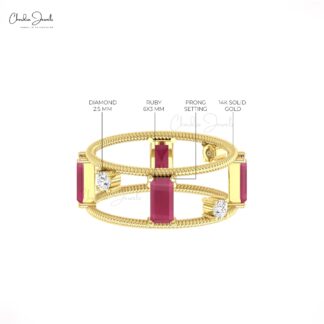 Dual Wire Stack Band With 6x3mm Burma Ruby G-H Diamond Wedding Ring In 14k Solid Gold