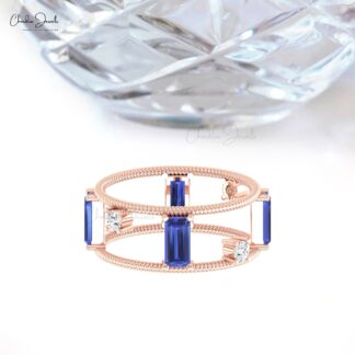 AAA Tanzanite Twisted Wire Band In Solid 14k Gold G-H Diamond Baguette Rings For Women