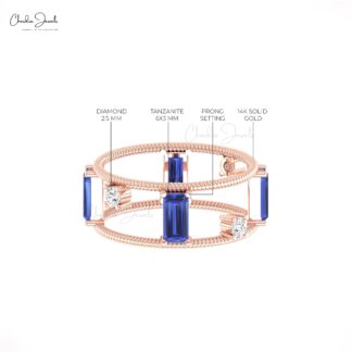 AAA Tanzanite Twisted Wire Band In Solid 14k Gold G-H Diamond Baguette Rings For Women
