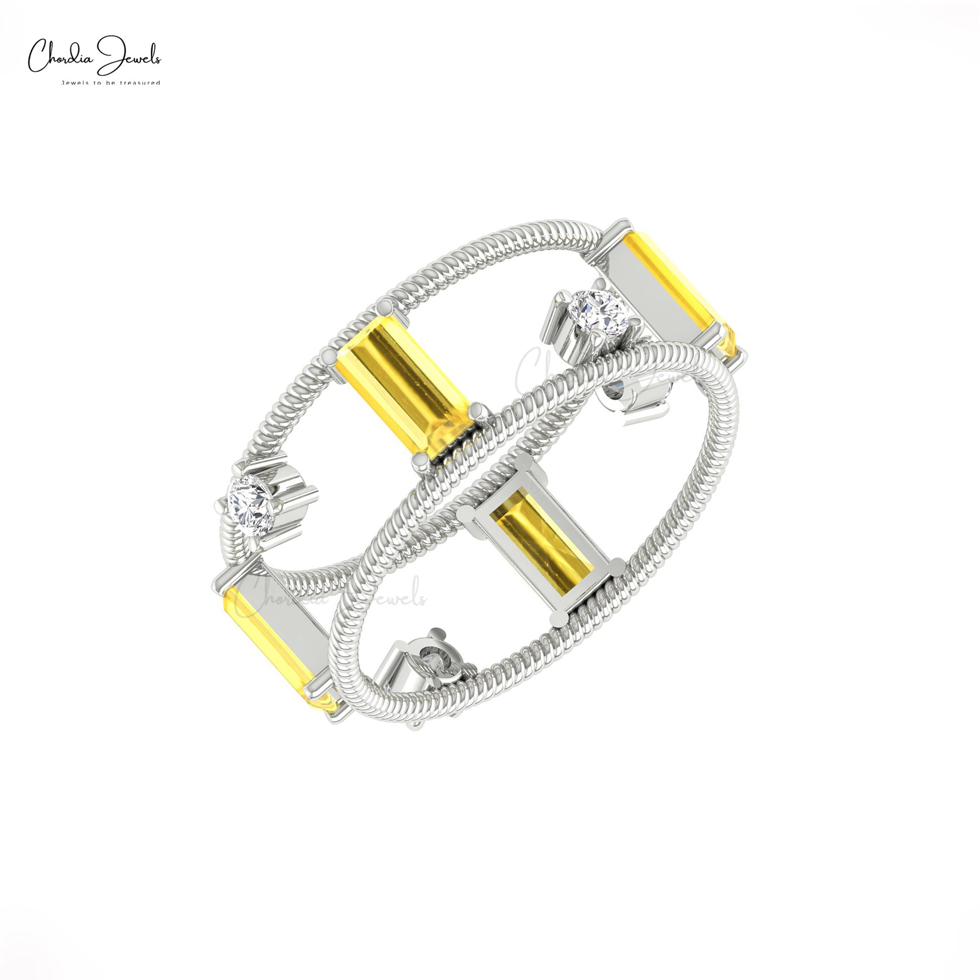 Dual Wire Stacking Band With 1 Ct Yellow Sapphire And Diamond 14k Real Gold Twisted Ring