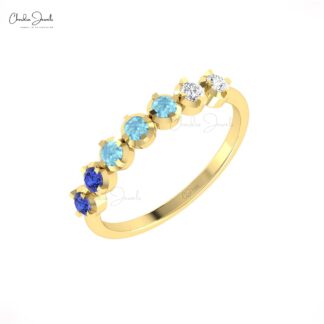 Real 14k Gold Half Eternity Band With 2.5mm Tanzanite & Aquamarine Diamond 7 Stone Ring