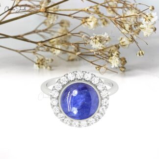Round Halo Diamond Ring In Solid 14k Gold Tanzanite 2.45 Ct Gemstone Engagement Rings