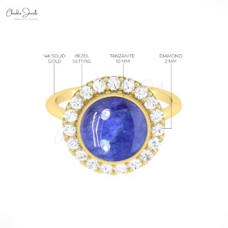 Round Halo Diamond Ring In Solid 14k Gold Tanzanite 2.45 Ct Gemstone Engagement Rings