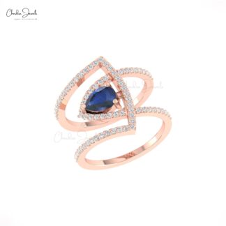 Overlapping Diamond Ring With 7x5mm Blue Sapphire 14k Solid Gold Handmade Wedding Rings