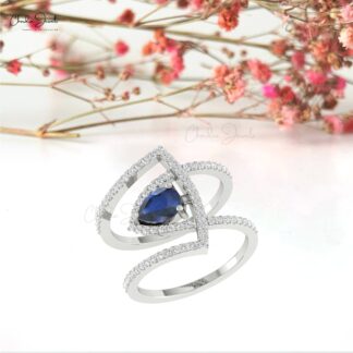 Overlapping Diamond Ring With 7x5mm Blue Sapphire 14k Solid Gold Handmade Wedding Rings