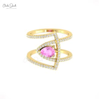 Genuine Pink Sapphire Teardrop Ring In Real 14k Gold Pave Diamond Proposal Fine Jewelry