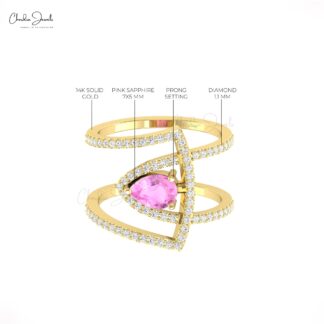 Genuine Pink Sapphire Teardrop Ring In Real 14k Gold Pave Diamond Proposal Fine Jewelry
