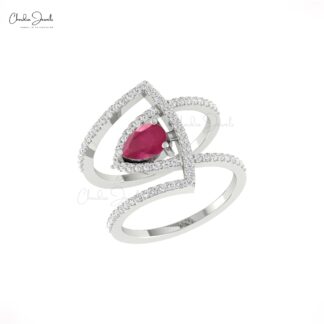 Pear Cut Cocktail Ring With 0.63 Ct Burma Ruby And Diamond Overlapping Ring In 14k Gold