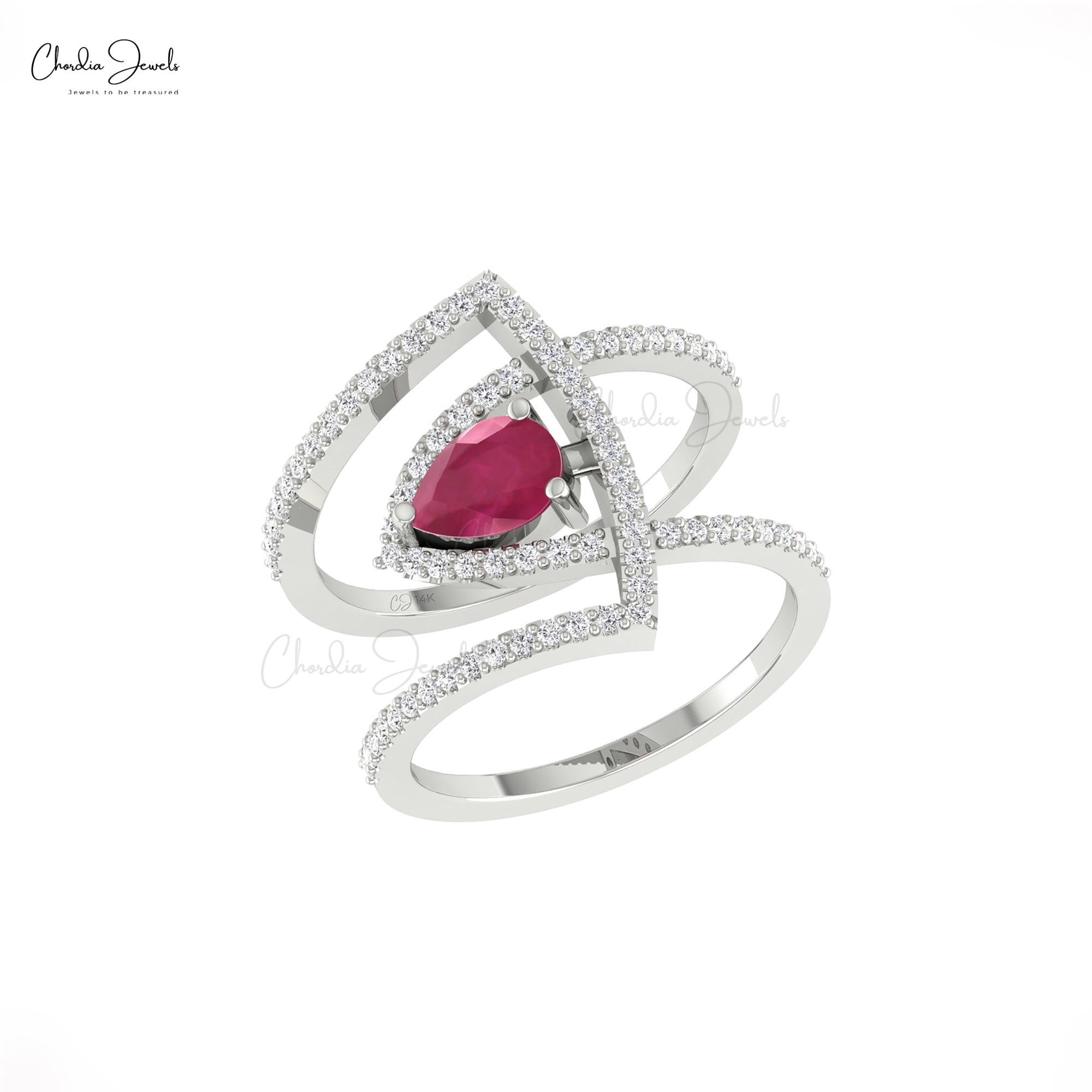 Pear Cut Cocktail Ring With 0.63 Ct Burma Ruby And Diamond Overlapping Ring In 14k Gold