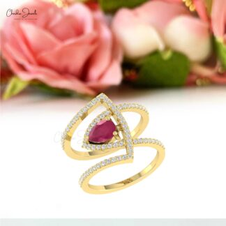 Pear Cut Cocktail Ring With 0.63 Ct Burma Ruby And Diamond Overlapping Ring In 14k Gold