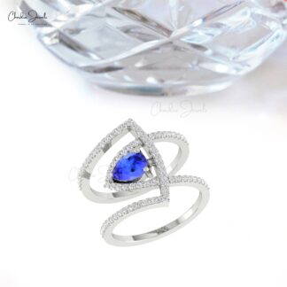 Curved Diamond Statement Ring With 7x5mm Tanzanite Prong In 14k Real Gold Cocktail Rings