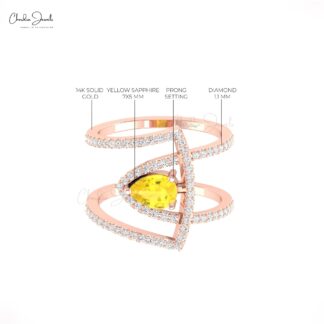 Cocktail Engagement Ring In Real 14k Gold Yellow Sapphire Gemstone Diamond Bridal Rings