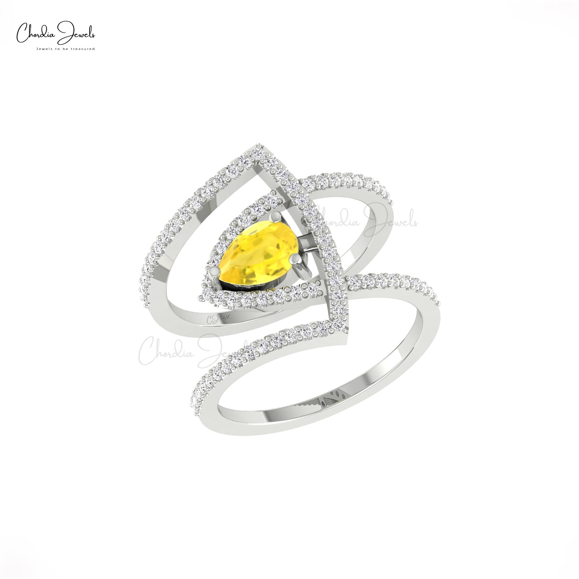 Cocktail Engagement Ring In Real 14k Gold Yellow Sapphire Gemstone Diamond Bridal Rings