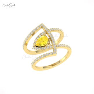Cocktail Engagement Ring In Real 14k Gold Yellow Sapphire Gemstone Diamond Bridal Rings